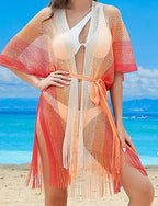 Swimwear Cover Up Swimsuit Fringe Hem Cut Out Vacation Beach Wear Ombre V Neck Long Sleeve Bathing Suits