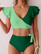 Swimwear 2 Piece Cheeky Swimsuit Ruched Patchwork Backless Vacation Beach Wear Color Block V Neck Sleeveless Bathing Suits