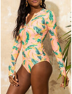 Swimwear One Piece Monokini Swimsuit Tummy Control High Waist Slim Backless Vacation Beach Wear Color Tropical Round Neck Long Sleeve Bathing Suits