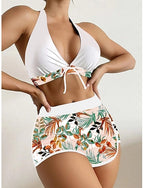 Bikini 2 Piece Swimsuit Palm Shorts Backless Slim Vacation Beach Wear Halter Neck Sleeveless Bathing Suits