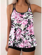 Tankini 2 Piece Swimsuit Palm Shorts Tummy Control High Waist Slim Backless Vacation Beach Wear Color Block U Neck Sleeveless Bathing Suits