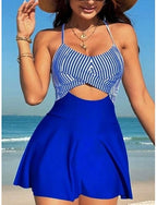 Swimwear One Piece Monokini Swim Dress Swimsuit Tummy Control High Waist Slim Backless Vacation Beach Wear Stripe Scoop Neck Sleeveless Bathing Suits