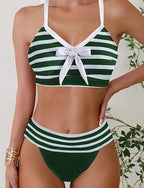 Swimwear 2 Piece Cheeky Swimsuit Backless Vacation Beach Wear Stripe Striped V Neck Sleeveless Bathing Suits