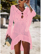 Swimwear Cover Up Beach Dresses Swimsuit High Waist Slim Vacation Beach Wear Color V Neck Long Sleeve