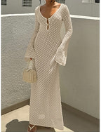 Swimwear Cover Up Swim Dress Swimsuit Crochet Vacation Beach Wear Color V Neck Long Sleeve Bathing Suits