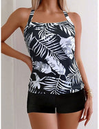 Tankini 2 Piece Swimsuit Palm Shorts Tummy Control High Waist Slim Backless Vacation Beach Wear Scoop Neck Sleeveless Bathing Suits