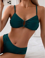 Bikini 2 Piece Swimsuit Ruched Underwire Cheeky Tummy Control High Waist Slim Backless Vacation Beach Wear Color V Neck Sleeveless Bathing Suits
