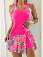 Swimwear Tankini 2 Piece Skirt Swimsuit Drawstring Tummy Control High Waist Slim Backless Vacation Beach Wear Leopard U Neck Sleeveless Bathing Suits