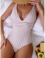 One Piece Swimsuit Slimming Colorblock Monokini Tummy Control High Waist Slim Backless Vacation Beach Wear Striped V Neck Sleeveless Bathing Suits