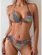 Bikini 2 Piece Swimsuit Tie Side Slim Backless Vacation Beach Wear Color Block Halter Neck Sleeveless Bathing Suits