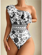 Swimwear One Piece Monokini Swimsuit Ruffle Tummy Control High Waist Slim Backless Vacation Asymmetric Neck Sleeveless Bathing Suits