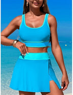 Tankini 2 Piece Swimsuit Colorblock Shorts Tummy Control High Waist Slim Backless Vacation Beach Wear U Neck Sleeveless Bathing Suits