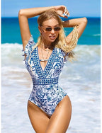 Swimwear One Piece Briefs Swimsuit Cutout Slimming Uv Protection Plunge 3d Active Graphic V Neck Sleeveless Bathing Suits