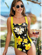 One Piece Swimsuit Slimming Ruched Monokini High Cut Tummy Control High Waist Backless Vacation Beach Wear Graphic U Neck Sleeveless Bathing Suits