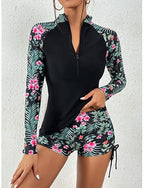 Tankini 2 Piece Swimsuit Shorts Tummy Control High Waist Slim Backless Vacation Beach Wear Leaves High Neck Long Sleeve Bathing Suits