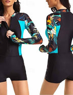 Tankini 2 Piece Swimsuit Zip Front Palm Shorts Tummy Control High Waist Slim Backless Vacation Beach Wear Round Neck Long Sleeve Bathing Suits