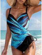 Swimwear One Piece Monokini Swimsuit Tummy Control High Waist Slim Backless Vacation Beach Wear Leopard Stripe V Neck Sleeveless Bathing Suits