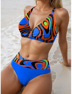 Swimwear Bikini Cheeky Swimsuit Vacation Graphic Geometric V Neck Sleeveless Bathing Suits