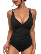 One Piece Swimsuit Slimming Ruched Monokini Tummy Control High Waist Slim Backless Vacation Beach Wear Color V Neck Sleeveless Bathing Suits