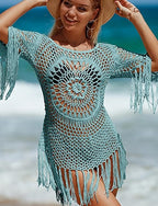 Summer Beach Dress Tassel Cut Out Beach Wear Holiday Sleeveless Black White Pink Color