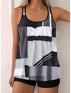 Tankini 2 Piece Swimsuit Palm Shorts Tummy Control High Waist Slim Backless Vacation Beach Wear Color Block U Neck Sleeveless Bathing Suits