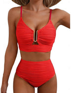 Swimwear Bikini 2 Piece High Waist Swimsuit Ruched Backless Vacation Beach Wear Plain V Neck Sleeveless Bathing Suits