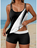 Tankini 2 Piece Swimsuit Colorblock High Waist Backless Vacation Beach Wear Graphic Geometic U Neck Sleeveless Bathing Suits