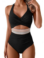 One Piece Swimsuit Cutout Monokini High Waist Tummy Control High Waist Slim Backless Vacation Beach Wear Color Halter Neck Sleeveless Bathing Suits
