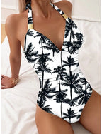 One Piece Swimsuit Slimming Palm Monokini Briefs Tummy Control High Waist Slim Backless Vacation Beach Wear Stripe Halter Neck Sleeveless Bathing Suits