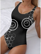 One Piece Swimsuit Slimming Monokini Backless Tummy Control High Waist Slim Vacation Beach Wear Geometric U Neck Sleeveless Bathing Suits