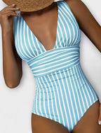 Swimwear One Piece Bikini Shorts Swimsuit Ruched Slimming Backless Vacation Beach Wear Striped Plunge Sleeveless Bathing Suits