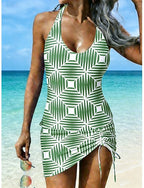 Swimwear Tankini 2 Piece Skirt Swimsuit Drawstring Halter Vacation Scoop Neck Sleeveless Bathing Suits