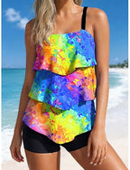 Tankini 2 Piece Swimsuit High Waist Ruffle Layered Backless Vacation Beach Wear Ombre Graphic U Neck Sleeveless Bathing Suits