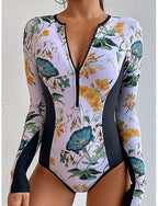 Swimwear One Piece Monokini Swimsuit Tummy Control High Waist Slim Vacation Beach Wear Round Neck Long Sleeve Bathing Suits