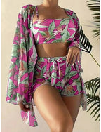Bikini 3 Piece Swimsuit Palm Shorts Slim Backless Vacation Beach Wear Leaves V Neck Sleeveless Bathing Suits