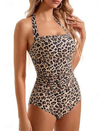 One Piece Swimsuit Slimming Cutout Leopard Monokini Briefs Tummy Control High Waist Slim Backless Vacation Beach Wear Color Color Block Halter Neck Sleeveless Bathing Suits