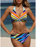 Swimwear Bikini Briefs Swimsuit Vacation Graphic Striped Halter Neck Sleeveless Bathing Suits