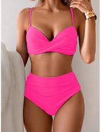 Bikini 2 Piece Swimsuit Ruched Cheeky Tummy Control High Waist Slim Backless Vacation Beach Wear Color V Neck Sleeveless Bathing Suits