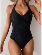One Piece Swimsuit Slimming Ruched Monokini Tummy Control High Waist Slim Backless Vacation Beach Wear Color Halter Neck Sleeveless Bathing Suits
