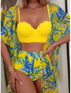 Bikini 3 Piece Swimsuit Palm Briefs Slim Backless Vacation Beach Wear Leaves V Neck Sleeveless Bathing Suits
