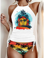 Tankini 2 Piece Swimsuit Ruched Briefs Tummy Control High Waist Slim Backless Vacation Beach Wear Graphic U Neck Sleeveless Bathing Suits