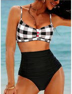 Swimwear Bikini 2 Piece High Waist Swimsuit Slim Backless Vacation Plaid Halter Neck Sleeveless Bathing Suits