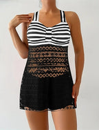Tankini Two Piece Swimsuit Lace Swimwear Stripes Swimwear Black Purple Breathable Quick Dry Lightweight Sleeveless - Swimming Surfing Beach Summer Spring