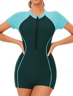 Rash Guard Bathing Suit One Piece Swimsuit Patchwork Zip Up Uv Sun Protection Upf50+ Short Sleeve Swimwear Surfing Swimming Summer