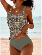 Swimwear Tankini 2 Piece Cheeky Swimsuit Tummy Control High Waist Slim Backless Vacation Beach Wear U Neck Sleeveless Bathing Suits