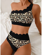 Bikini 2 Piece Swimsuit One Shoulder Colorblock Cheeky Tummy Control High Waist Slim Backless Vacation Beach Wear Color V Neck Sleeveless Bathing Suits